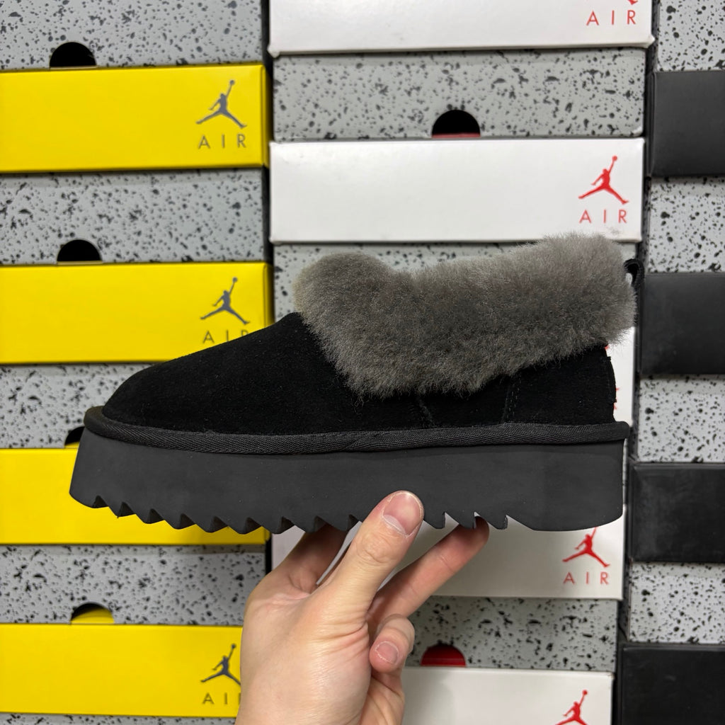 UGG Black Platform Slip-Ons with Gray Plush Collar