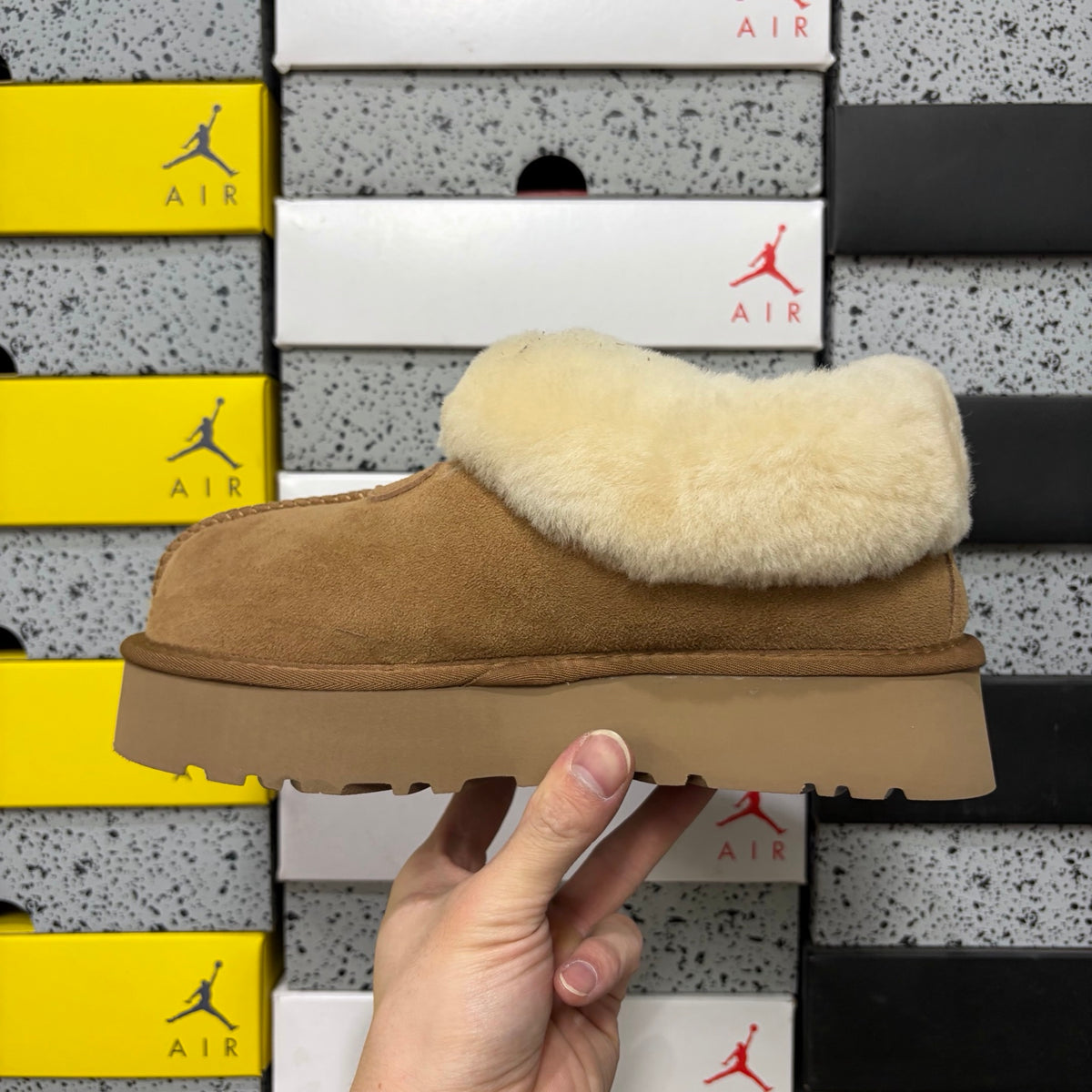 UGG Chestnut Platform Slip-Ons with Cream Plush Collar