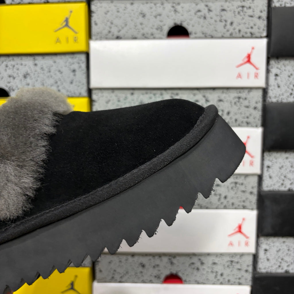 UGG Black Platform Slip-Ons with Gray Plush Collar