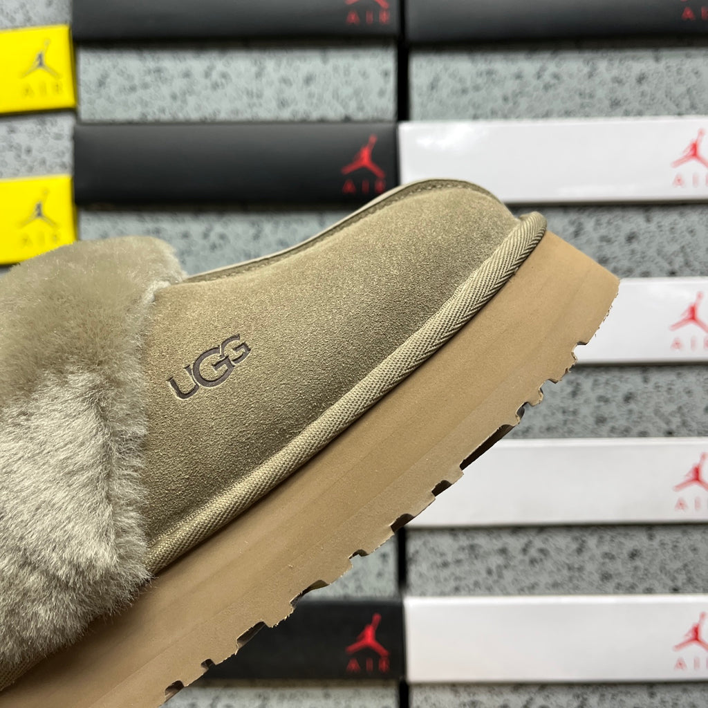UGG Antelope Brown Platform Slippers with Plush Collar