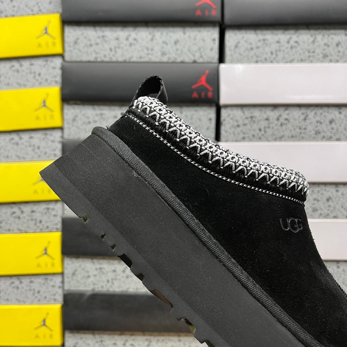 UGG Black Platform Slippers with Contrast Woven Trim