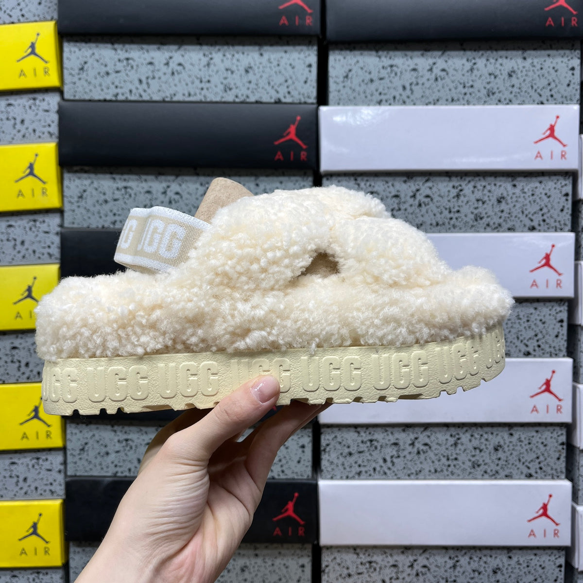 UGG Beige Plush Cross-Strap Platform Sandals
