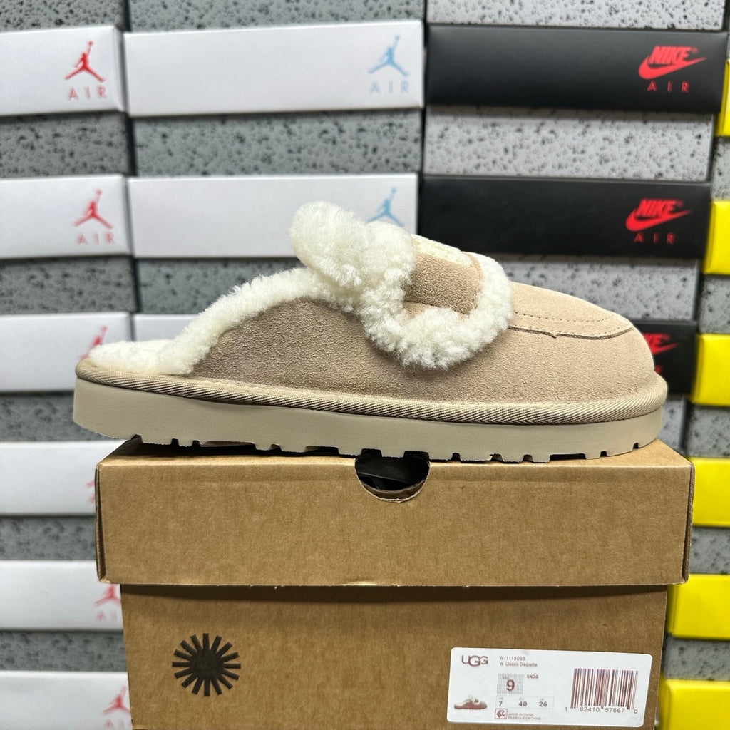 UGG Khaki Embroidered Slippers with Cream Plush Trim