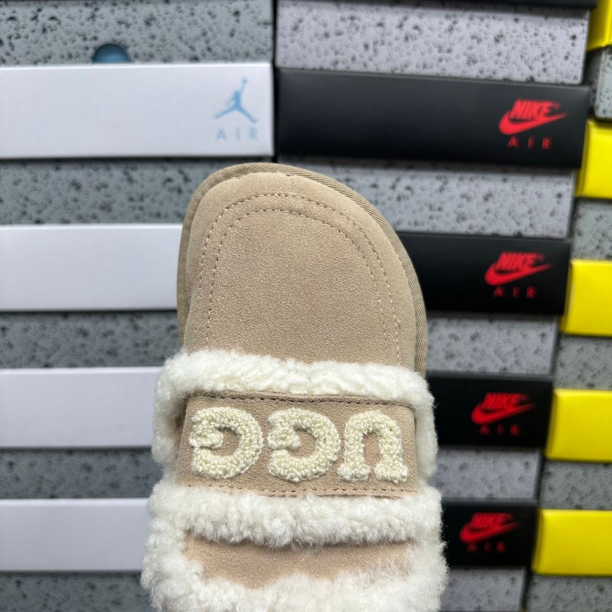 UGG Khaki Embroidered Slippers with Cream Plush Trim