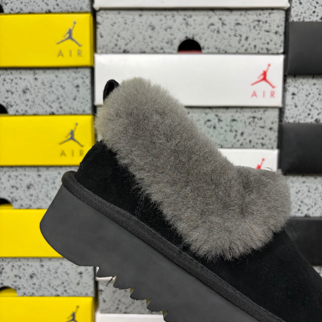 UGG Black Platform Slip-Ons with Gray Plush Collar
