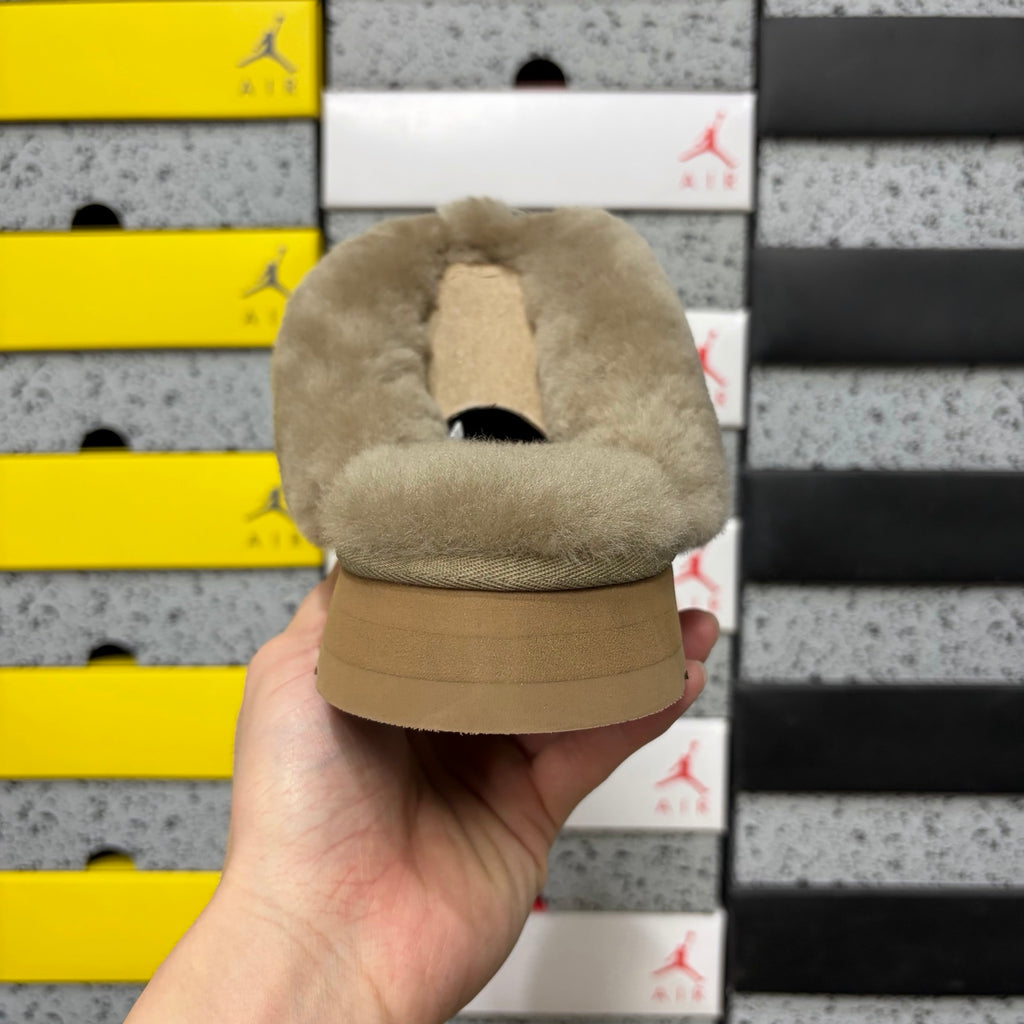 UGG Antelope Brown Platform Slippers with Plush Collar