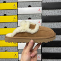 UGG Chestnut Embroidered Slippers with Cream Plush Trim