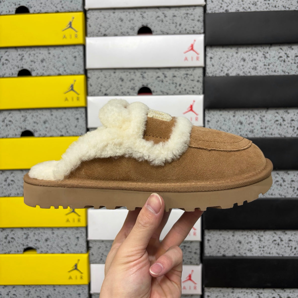 UGG Chestnut Embroidered Slippers with Cream Plush Trim