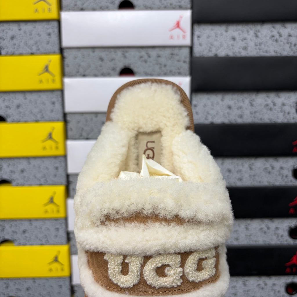UGG Chestnut Embroidered Slippers with Cream Plush Trim
