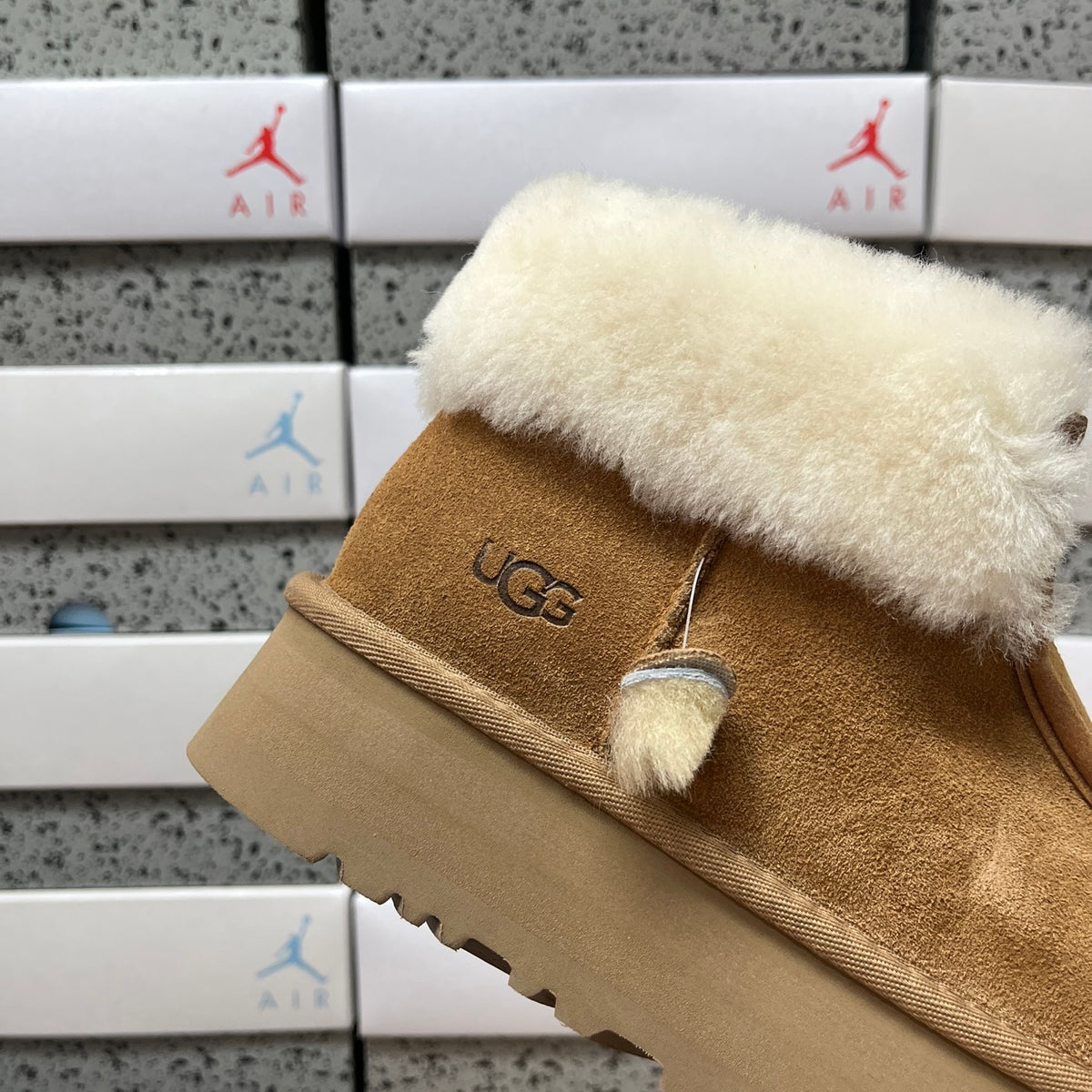 UGG Chestnut Platform Ankle Boots with Cream Plush Cuff