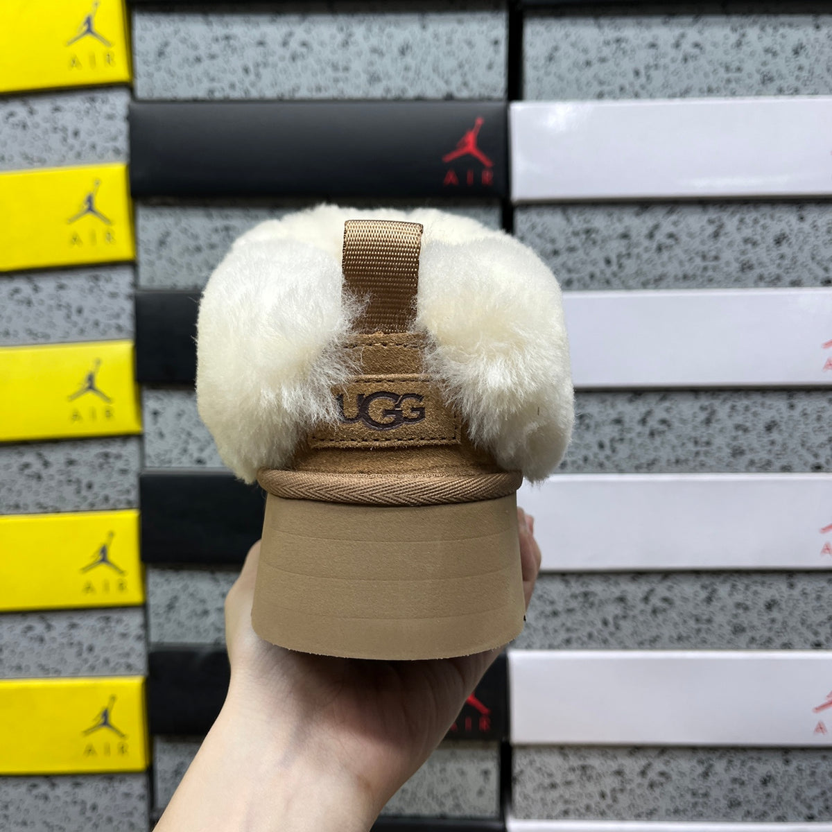 UGG Chestnut Platform Slip-Ons with Cream Plush Collar