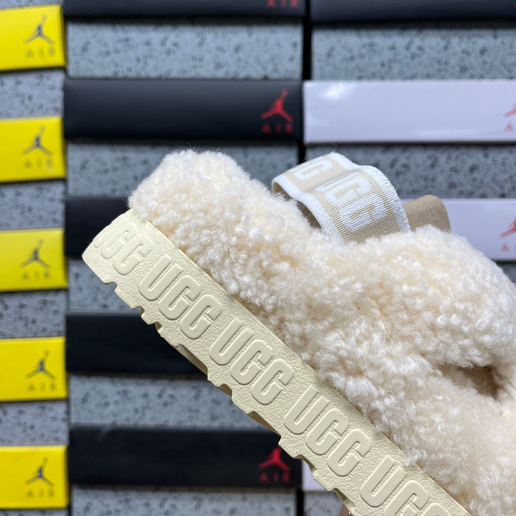 UGG Beige Plush Cross-Strap Platform Sandals