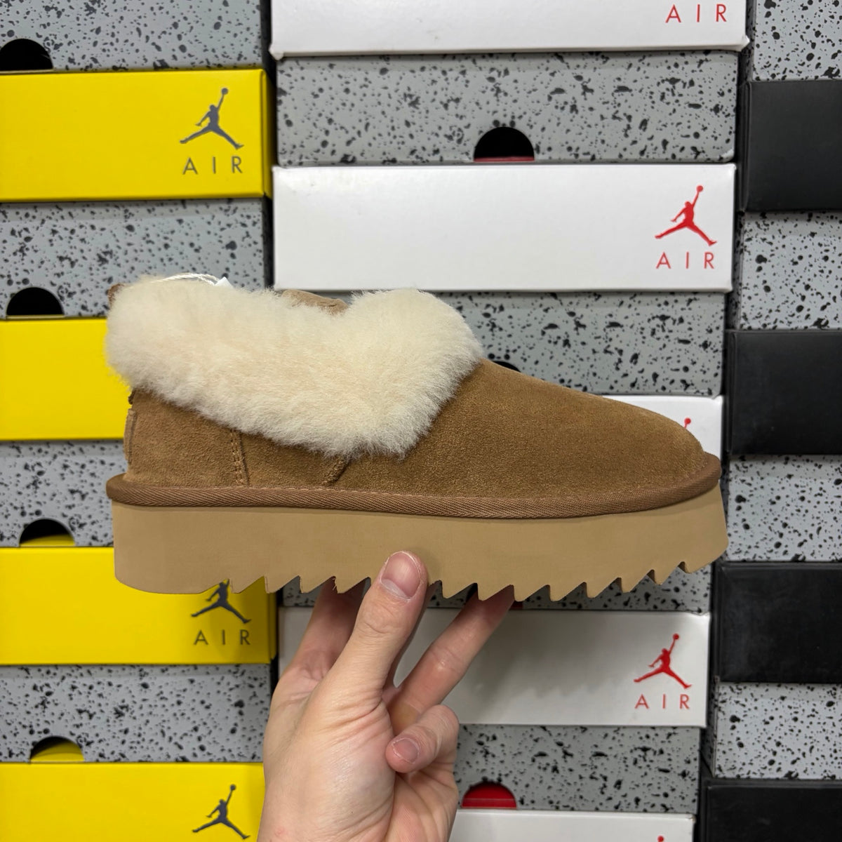 UGG Chestnut Platform Slip-Ons with Cream Plush Collar
