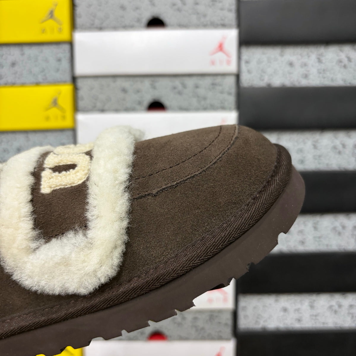 UGG Chocolate Embroidered Slippers with Cream Plush Trim